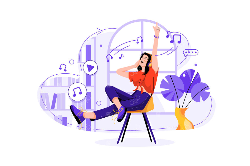 دختری که به پادکست موسیقی گوش می‌دهد