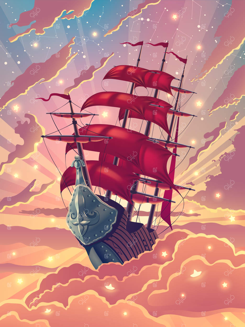 کشتی با بادبان‌های قرمز در آسمان جادویی با ابرهای نارنجی و ستاره‌های براق در پس‌زمینه و نور غروب.