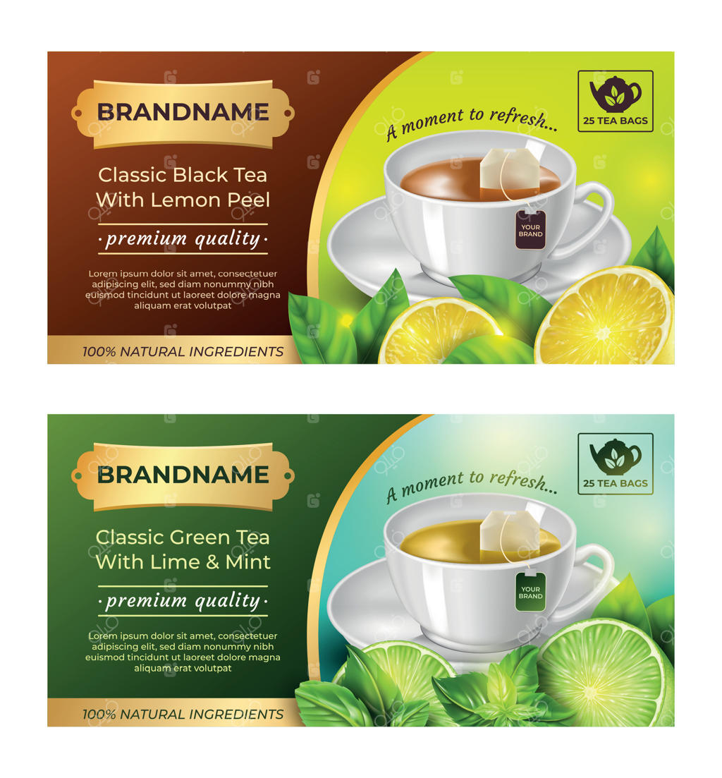 طراحی واقع‌گرایانه و دقیق بسته‌بندی چای سه‌بعدی - وکتور