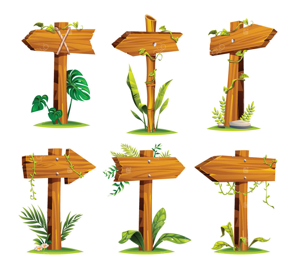 تابلوهای راهنما چوبی در میان گیاهان گرمسیری و علف‌ها - تصویر کارتونی