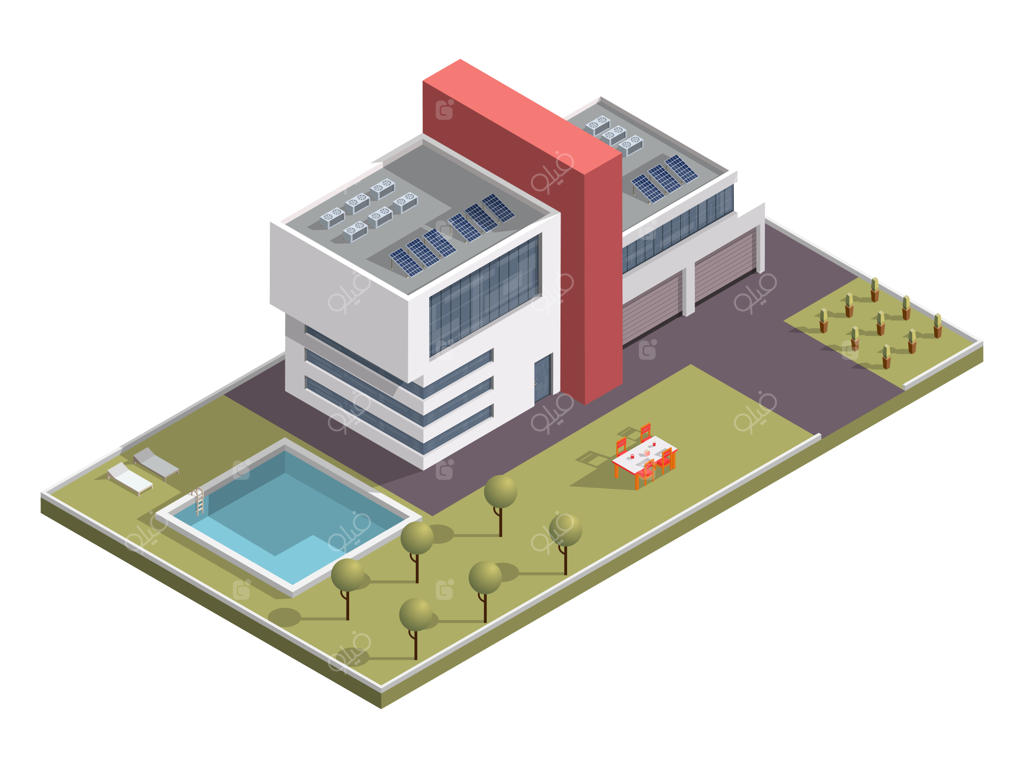 ساختمان ایزومتریک با استخر و میز ناهارخوری در کنار باغچه.