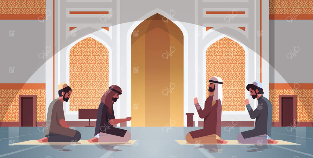 مردان مسلمان مذهبی در حال نماز خواندن در داخل مسجد نبوی - ماه مبارک رمضان - مفهوم دین