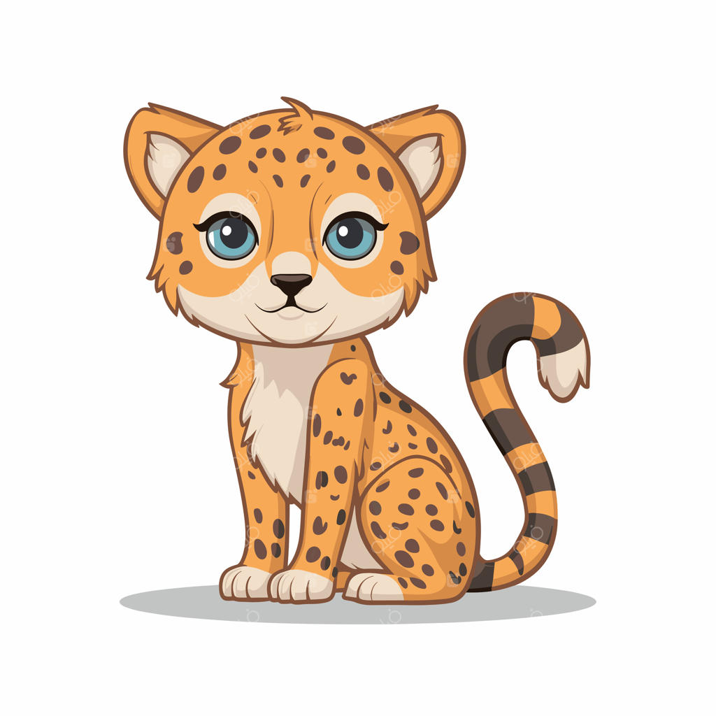 تصویرسازی یوزپلنگ کارتونی در حالت‌های مختلف: نشسته، ایستاده، در حال راه رفتن و دویدن. بر روی زمینه سفید مجزا شده است.