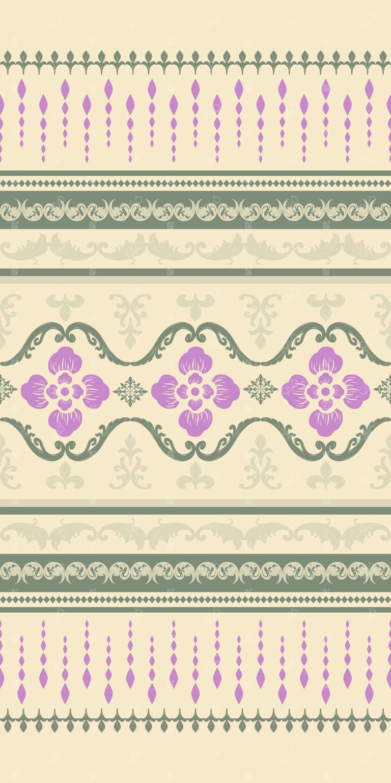 کلاس گیاه‌شناسی کلاسیک با پترن گل‌های بنفش و طرح‌های سبز روی پس‌زمینه سبز کم‌رنگ. طرح یکپارچه. باغ قبیله‌ای شیک و قدیمی. تصویرسازی برای طراحی پارچه‌های مجلل، ساری، و پارچه‌های زیبا.