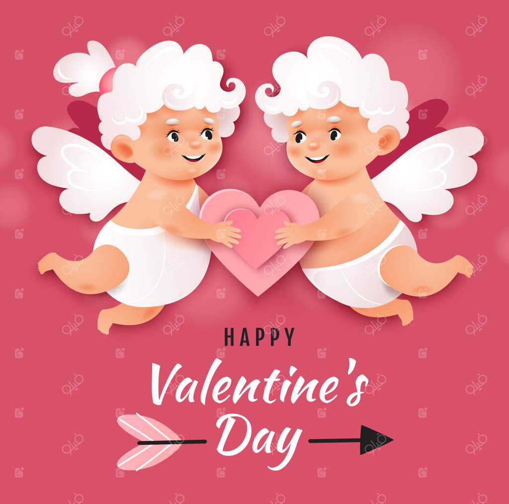 دو دلداده فرشته، قلب در دست. کارت روز ولنتاین.
