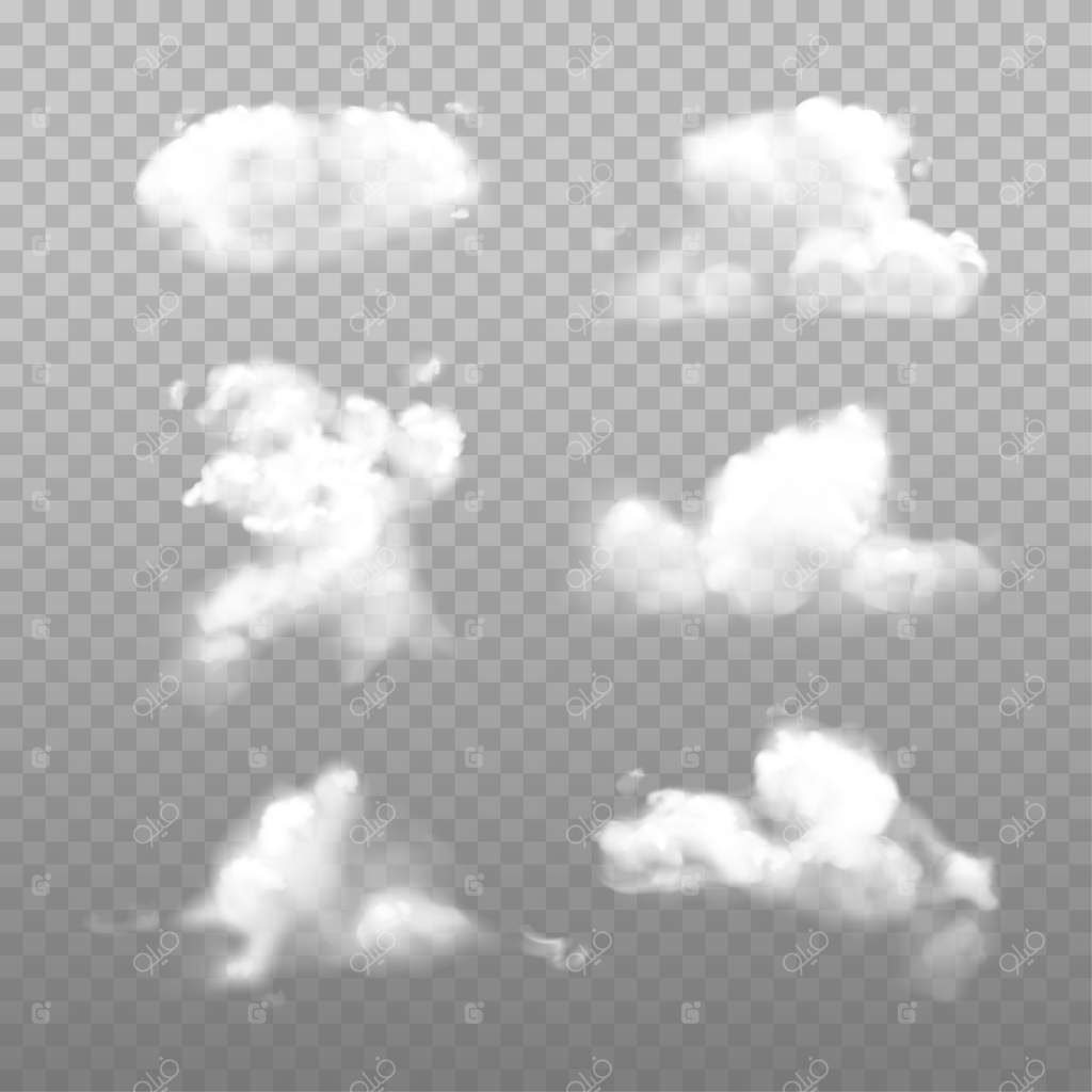 مجموعه‌ای از ابرهای جداگانه و پف کرده، یا ابرهای کومولوس، بر روی زمینه شفاف. بازنمایی واقع‌گرایانه‌ای از آسمان یا جو برای پیش‌بینی هواشناسی. دود و بخار، بخار و قلیان، دود سبک سیگار. آسمان