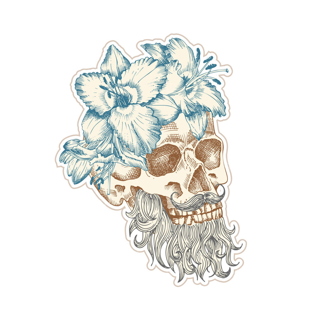 استیکر وینتیج جمجمه انسان با تاج گل‌های لیلیوم. سبک هنری کلاژ و فرهنگ زین. مفهوم آرایشگاه هیپستر. طرح تاتو و تی‌شرت طراحی دستی واقع‌گرایانه. تصویرسازی سر اسکلت