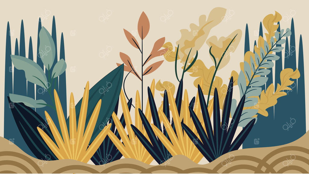 این اثر هنری شامل تصویری زندگانی و هنرمندانه از یک باغ گرمسیری سرسبز است