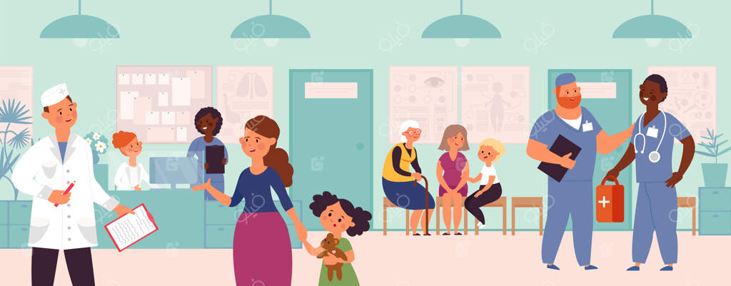 فضای داخلی کلینیک و انتظار در صف بازدید از بیمارستان - تصویرسازی وکتور از بیماران و پرسنل پزشکی در پذیرش و پزشک