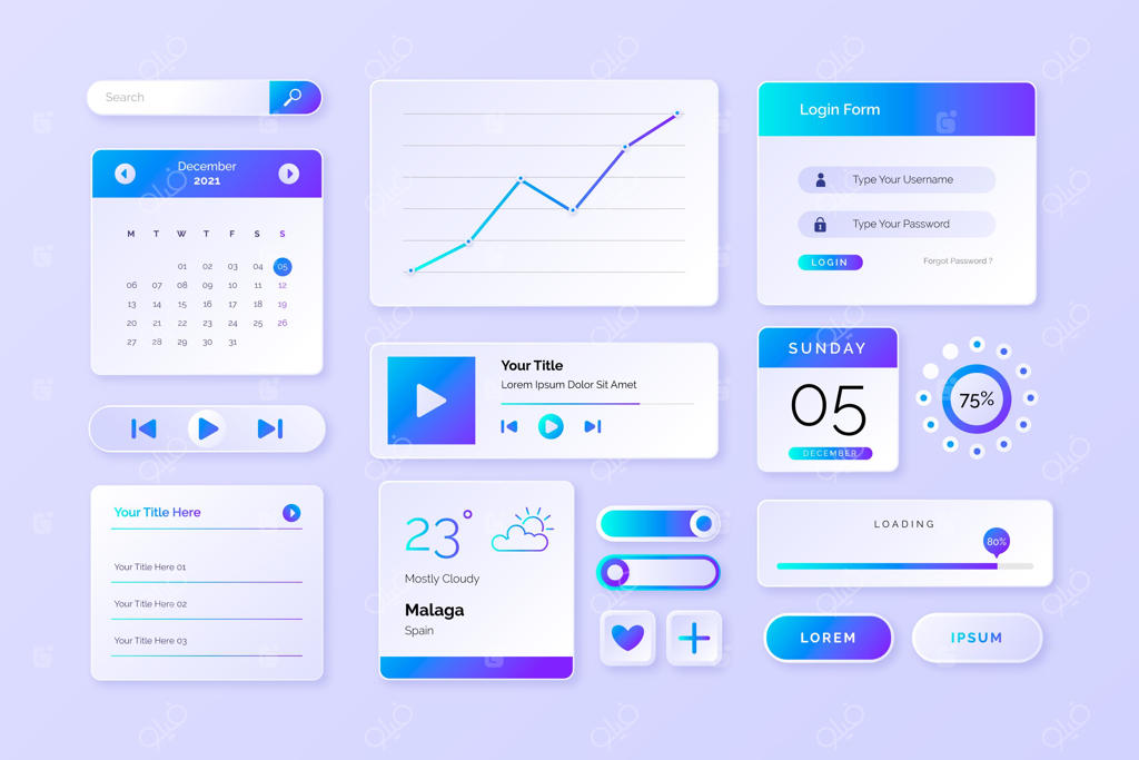 مجموعه عناصر رابط کاربری و تجربه کاربری با گرادیانت‌ها