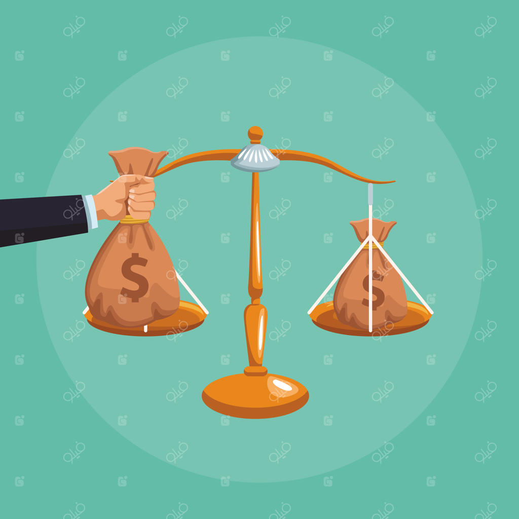 کیسه‌های پول در ترازو عدالت با دست