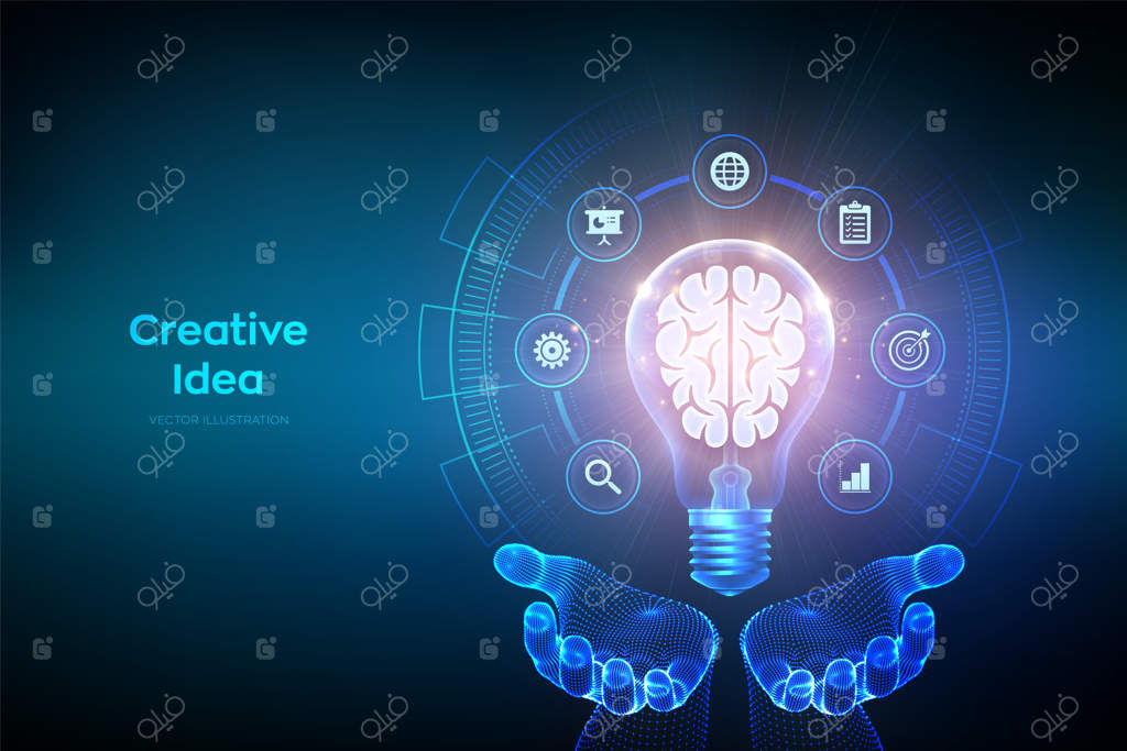 ایده خلاقانه: مغز انسان درون یک لامپ در دستان - ایده کسب و کار، طوفان فکری، تفکر خلاقانه، نوآوری و الهام‌بخشی با تکنولوژی - تصویرسازی وکتور