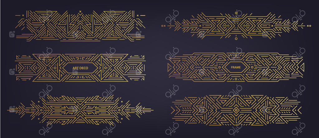 مجموعه وکتور تزیینات آرت دکو: خطوط جداکننده، حاشیه‌ها، قاب‌ها، و عناصر تزیینی. قالب‌های خلاقانه و هندسی با سبک کلاسیک دهه ۱۹۲۰. مناسب برای بسته‌بندی، تبلیغات و بنرها