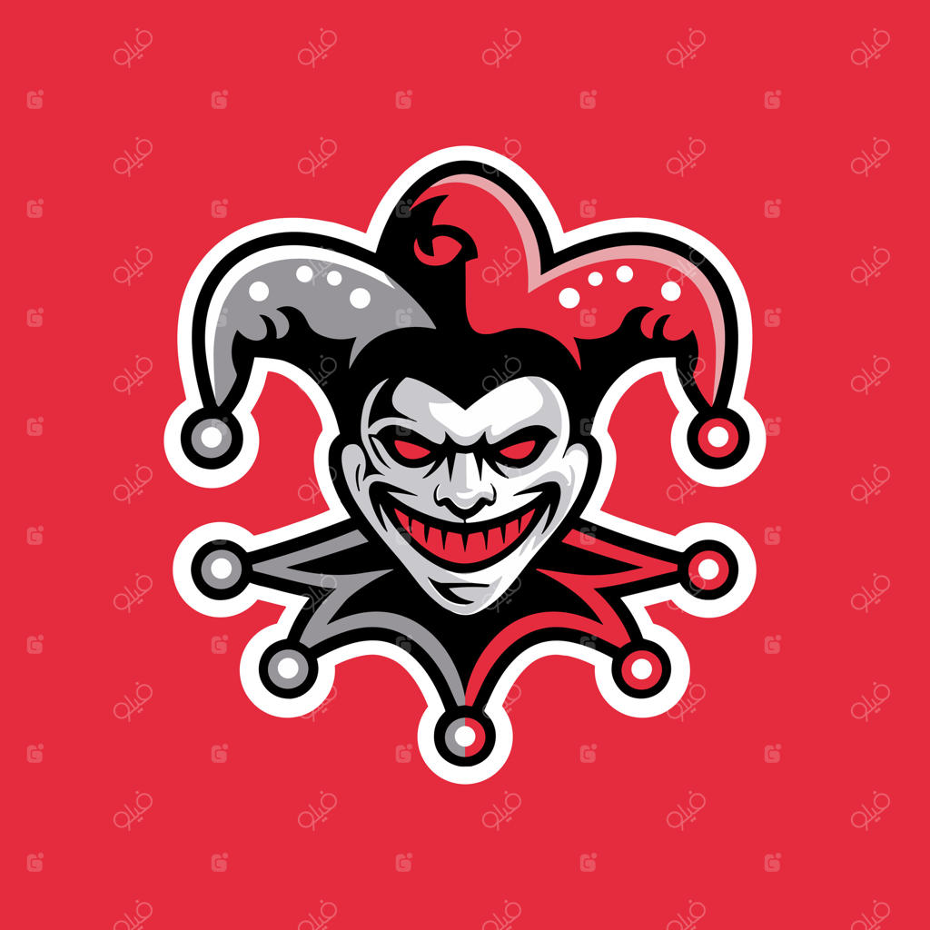 طراحی لوگوی نمادین دلقک شرور با صورت سفید، چشم‌های درخشان قرمز و لبخند شیطانی، با کلاهی قرمز و مشکی کلاسیک، بر زمینه‌ای قرمز جسورانه
