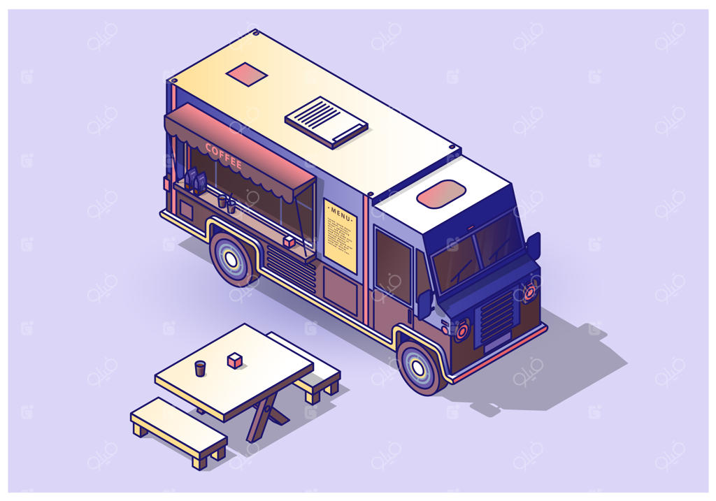کافه سیار در پارک: تصویر وکتور ایزومتری از فروش قهوه در ون با سبک خانه قهوه، پس‌زمینه سفید