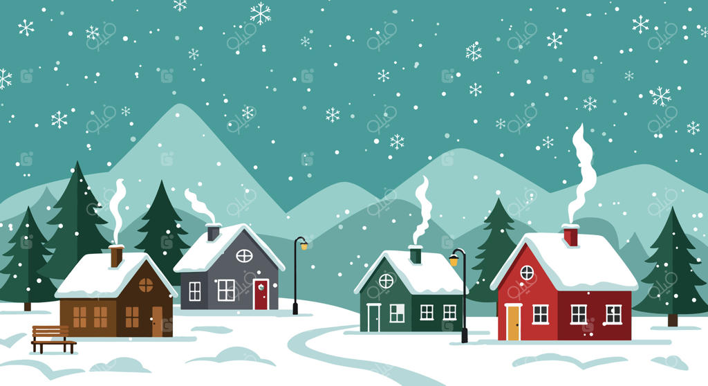 منظره دهکده زمستانی دنج با خانه‌های پوشیده از برف و درختان کاج