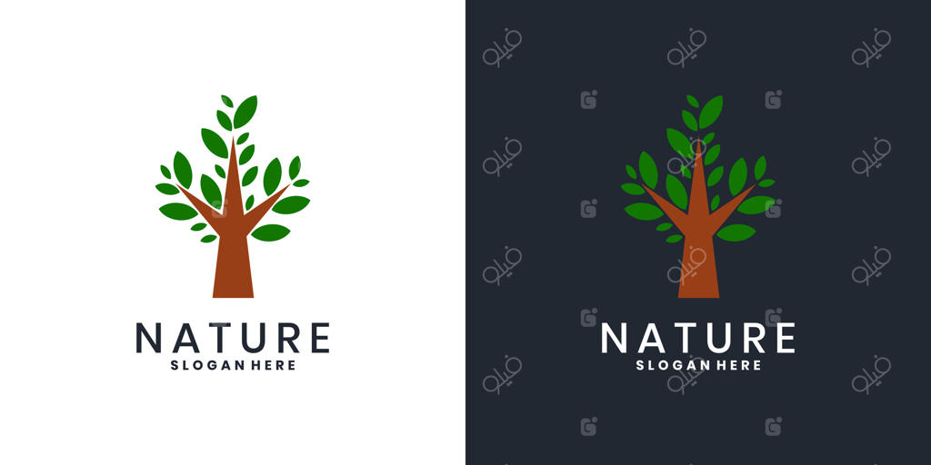 لوگوی ساده درخت سبز با تنه قهوه‌ای و برگ‌های تازه