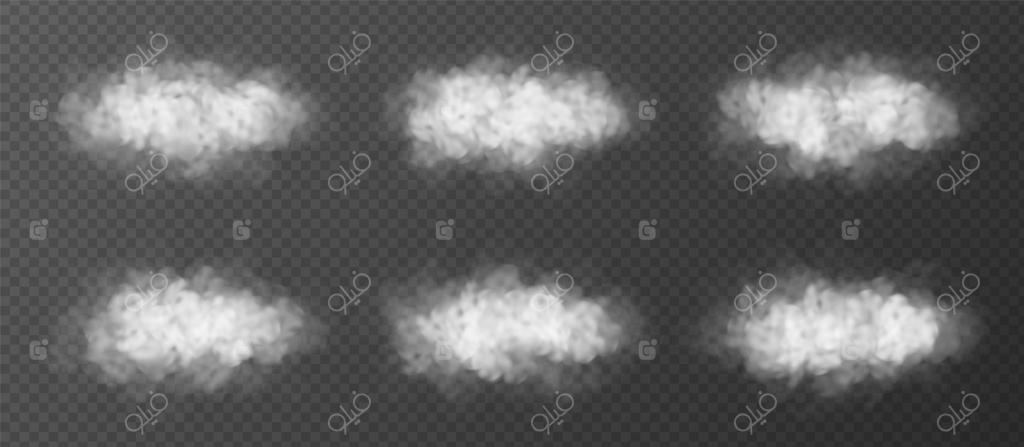 مجموعه عناصر طراحی برداری واقع‌گرایانه: ابرهای پف‌دار جدا شده. افکت ویژه مه یا دود.