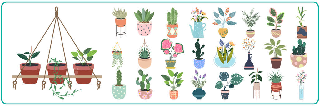 تصویر گیاهان در گلدان: کارتون تخت از گیاهان آپارتمانی تزئینی برای دکوراسیون داخلی خانه یا محل کار، مجموعه‌ای از آیکون‌های گل‌های سبز برای تزئینات داخلی، بر روی زمینه‌ سفید.