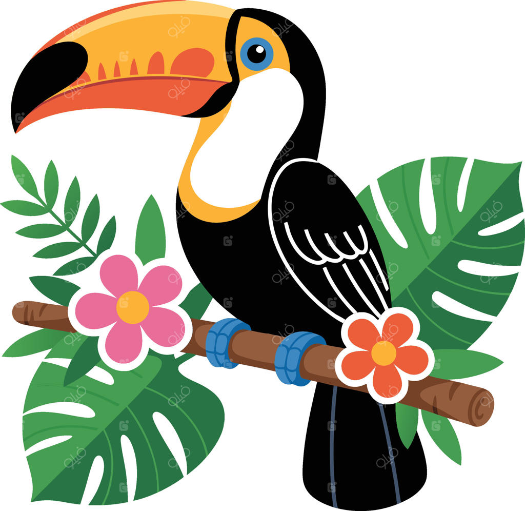 تُکانی رنگارنگ نشسته بر شاخه‌ای گرمسیری پوشیده از سبزی و گل‌های صورتی با زمینه سفید