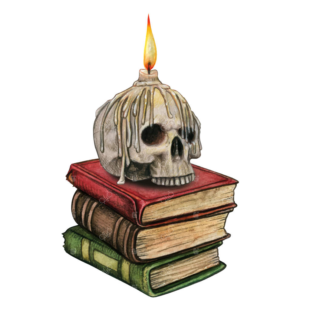 جمجمه آبرنگی با شمع ذوب‌شده بر روی انبوهی از کتاب‌ها