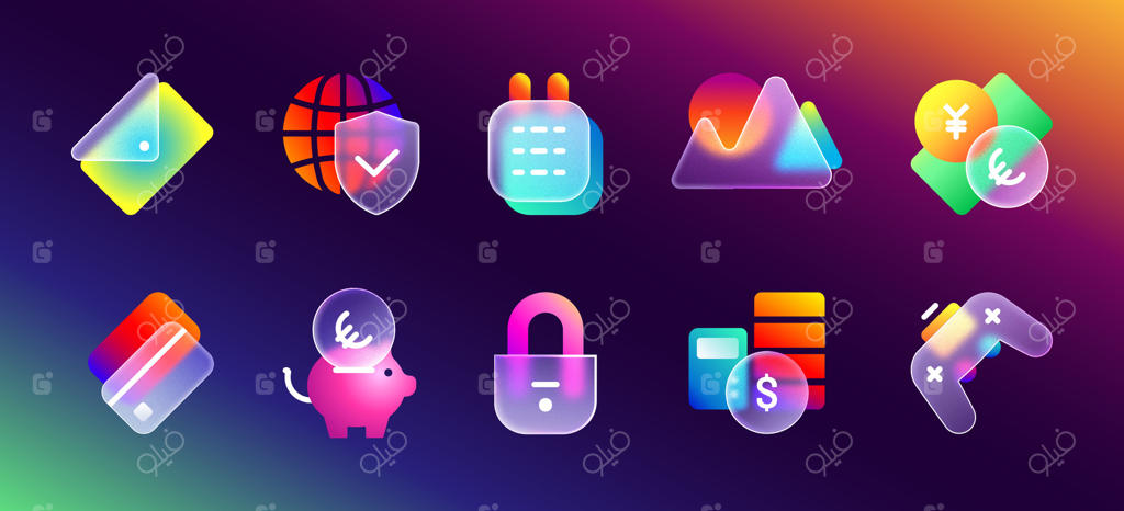 آیکون‌های رابط کاربری گلس‌مورفیسم شفاف و مات با گرادینت نئونی بنفش و دکمه‌های شیشه‌ای واقع‌گرایانه با افکت محوشدگی؛ شامل قلک، پاکت نامه، تقویم، دسته بازی و قفل برای وب‌سایت