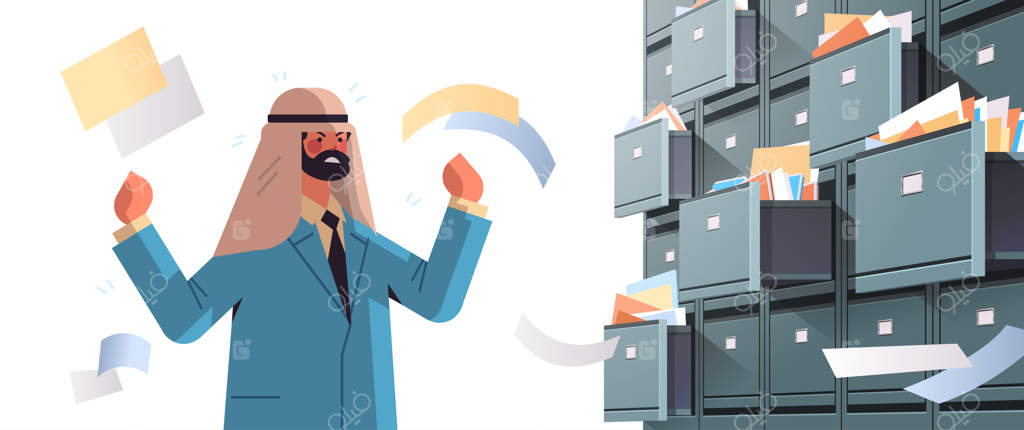 تاجر عرب پرکار به دنبال اسناد در کابینت بایگانی - مفهوم مدیریت و بایگانی مدارک و پرونده‌ها - تصویر افقی وکتور