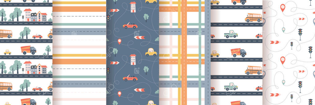 الگوی یکپارچه کودکان: ماشین، اتوبوس و جاده - مناسب برای پارچه، کاغذ دیجیتال و کارت‌ها
