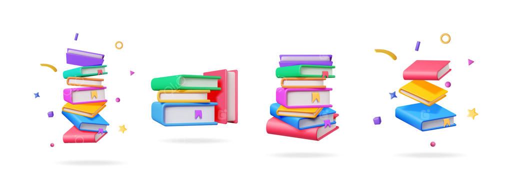 مجموعه سه‌بعدی از کتاب‌های رنگارنگ و شناور برای طراحی مفاهیم آموزشی و یادگیری.