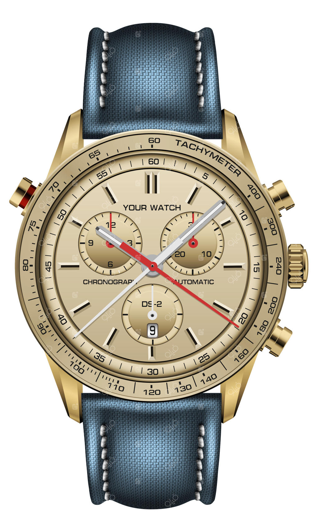 طرح واقعی ساعت با صفحه طلایی، عقربه قرمز و اعداد مشکی با بند پارچه‌ای آبی، مناسب برای طراحی کلاسیک و لوکس مردانه در قالب وکتور.