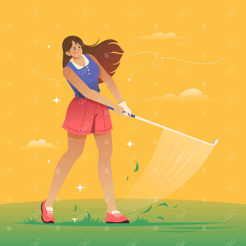 زن در حال ضربه زدن با چوب گلف در زمین سرسبز و آفتابی