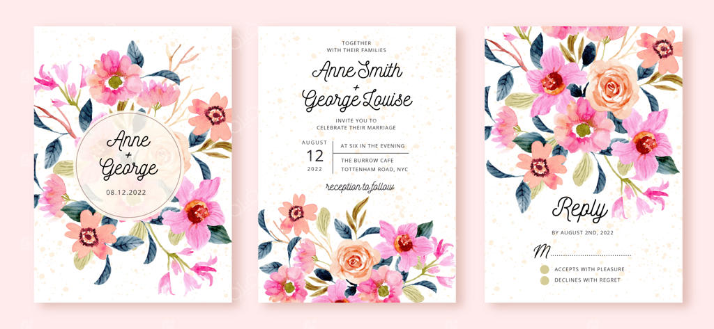 دعوت‌نامه عروسی با طراحی گل‌های هلو صورتی آبرنگی در باغچه گل‌ها