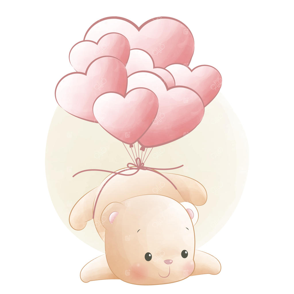 خرس عروسکی بامزه در حال پرواز با بادکنک قلبی، کارت حیوانات برای مراحل رشد نوزاد