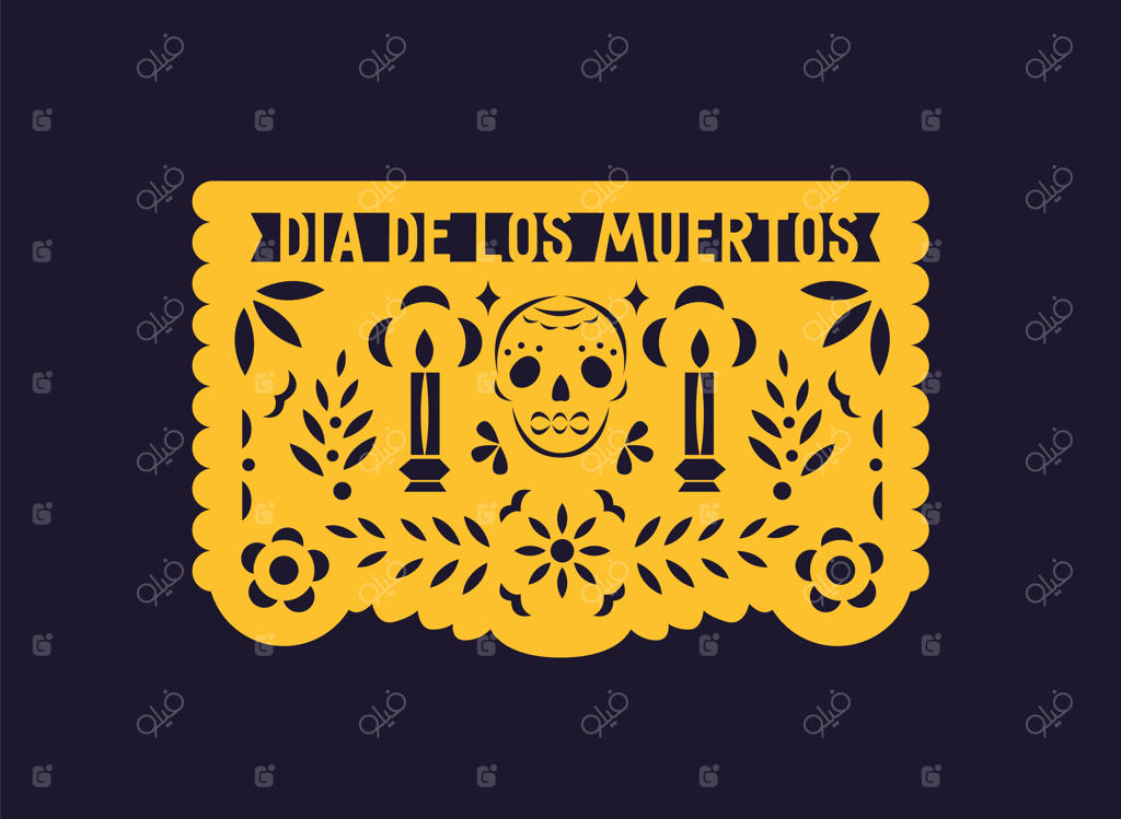 پرچم مقوایی مکزیکی، پاپل پیکادو برای روز مردگان (دیا د لاس مورتوس). کاغذ تزیینی با طرح جمجمه، گل‌ها و برگ‌ها. بنر محلی برای روز مردگان مکزیک. تصویر برداری مسطح و مجزا.