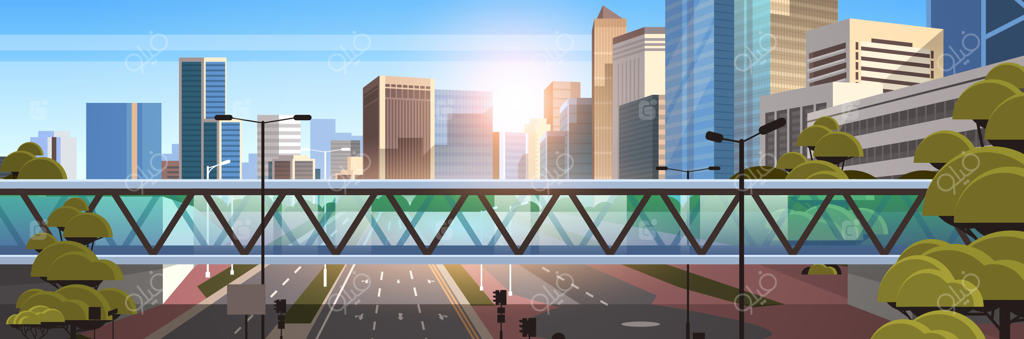 پل عابر پیاده بر فراز جاده آسفالته با علائم ترافیکی و فلش‌ها