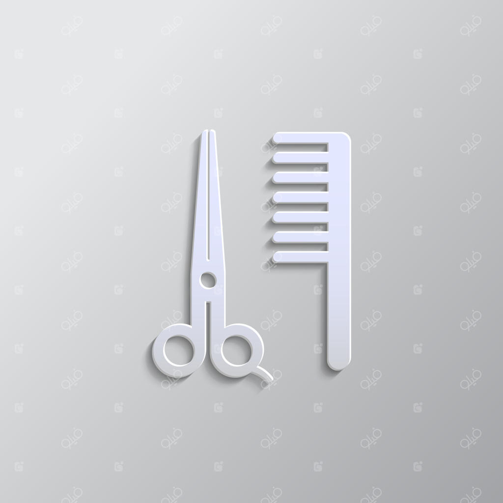 قیچی، شانه، سبک کاغذی آرایشگری، آیکون. پس‌زمینه‌ی خاکستری- آیکون وکتور سبک کاغذی.