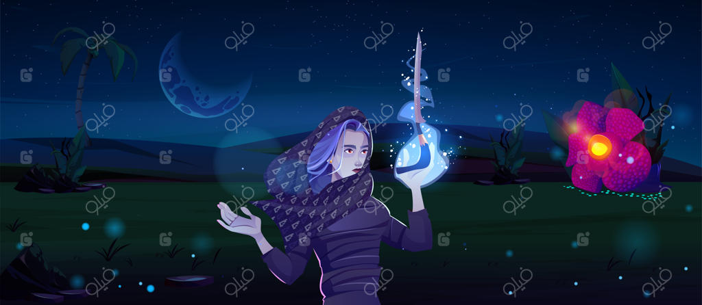 تصویرسازی چوت نیاک دیِن، قهرمان ملی اندونزی، در یک جنگل فانتزی شبانه