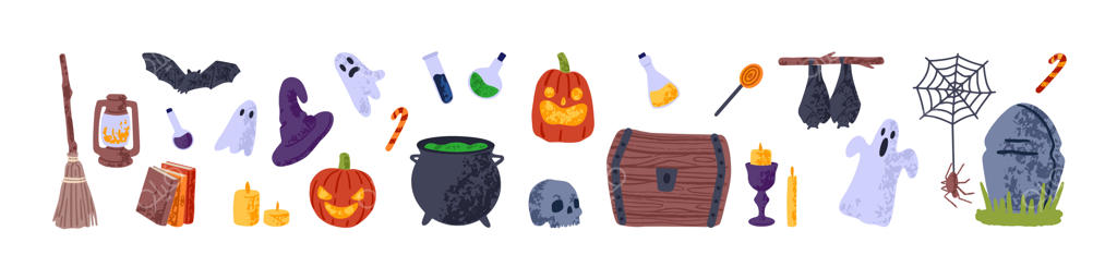 مجموعه‌ای برای هالووین با کدو تنبل بامزه و ترسناک، شبح، خفاش و عنکبوت در تار - عناصر جشن پاییزی ترسناک ویژه ماه اکتبر، تصویرسازی تخت رنگی، جدا شده روی پس‌زمینه سفید