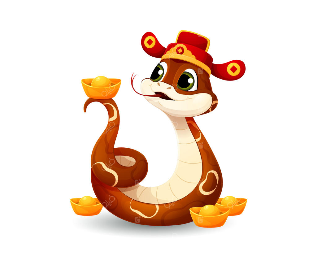 مار کارتونی با کلاه چینی و شمش طلا