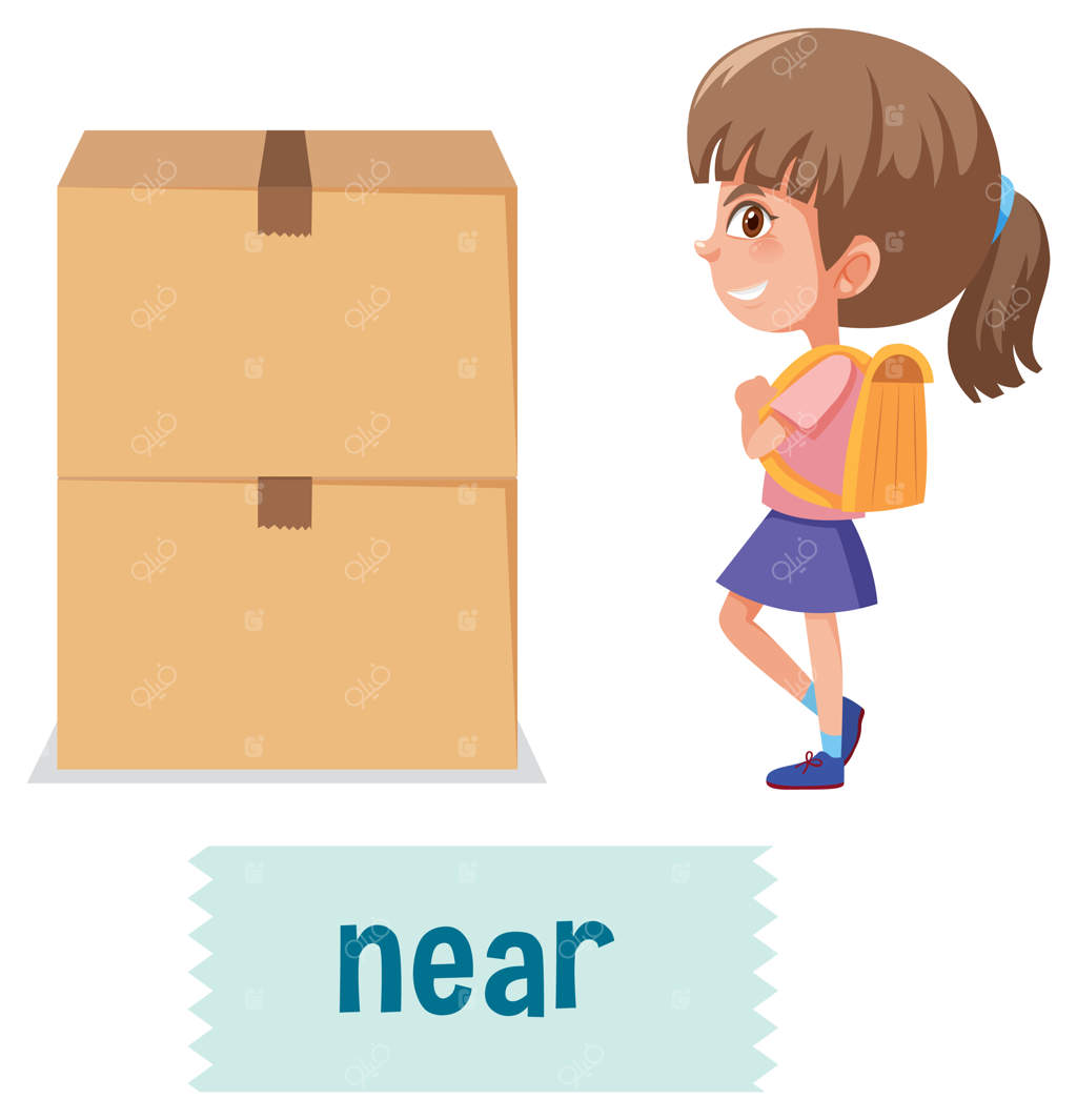 حروف اضافه مکان با دختری کارتونی و یک جعبه