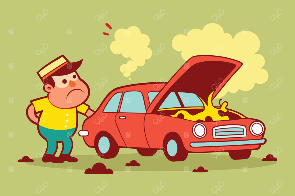 مرد کارتونی ناامید از ماشین قرمز دودی با مشکلات موتوری روی پس‌زمینه سبز