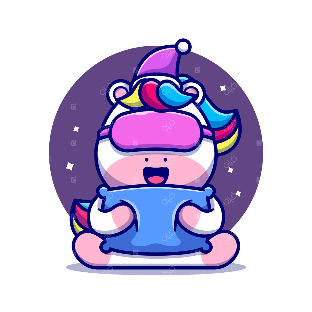 تصویر کارتونی یونیکورن بامزه در حال خوابیدن با بالش.