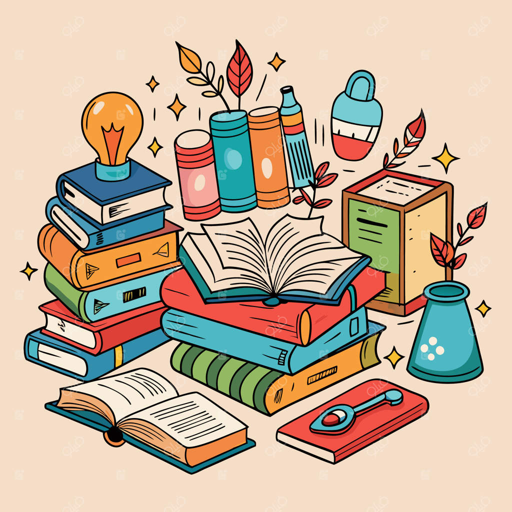 تصویرسازی خلاقانه و رنگارنگ آموزشی با کتاب‌ها و لوازم‌التحریر مدرسه