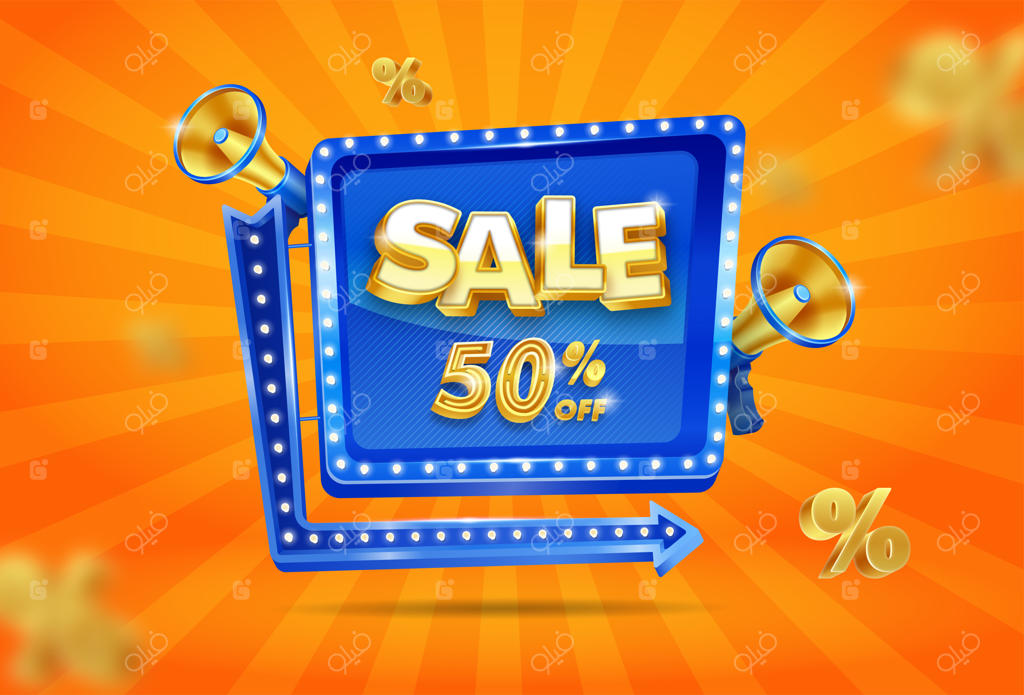 طراحی صحنه تخفیف بنر سه‌بعدی با تابلو نئون و بلندگو