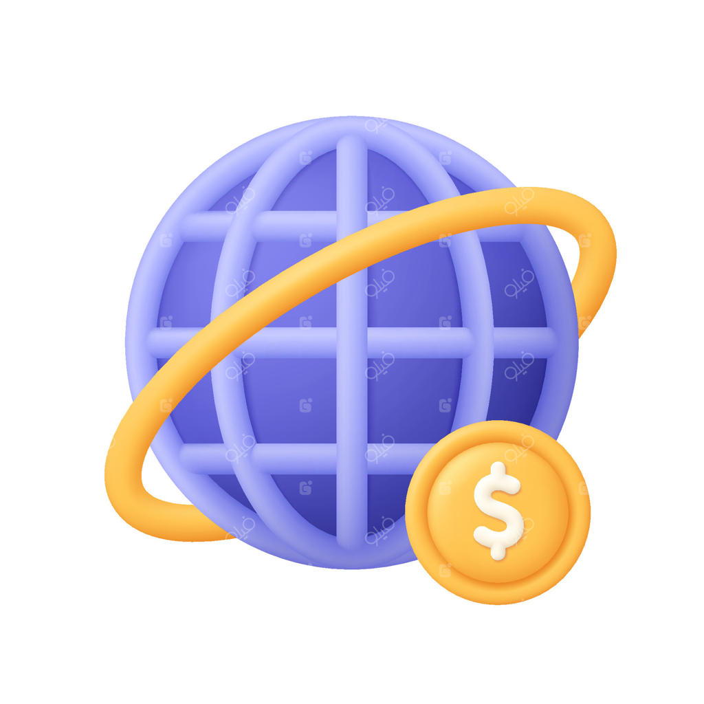 کره زمین با سکه دلار. مفهوم بانکداری اینترنتی و امور مالی، تجارت جهانی، تراکنش پول. آیکون سه‌بعدی. سبک کارتونی و مینیمال.