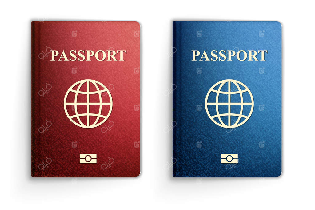 تصویر سه‌بعدی واقع‌گرایانه از پاسپورت‌های آبی و قرمز، با زمینه سفید