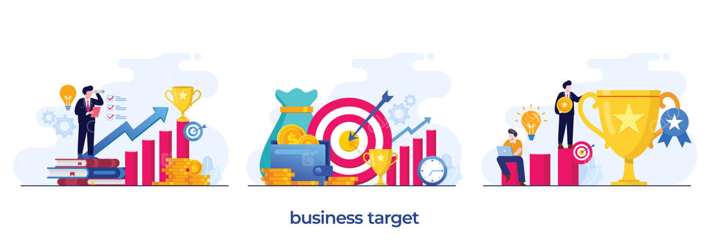 مفهوم هدف کسب‌وکار: تحلیلگر تجاری، کار تیمی، دستیابی به موفقیت، برنامه‌ریزی و استراتژی - تصویرسازی تخت وکتور دارت
