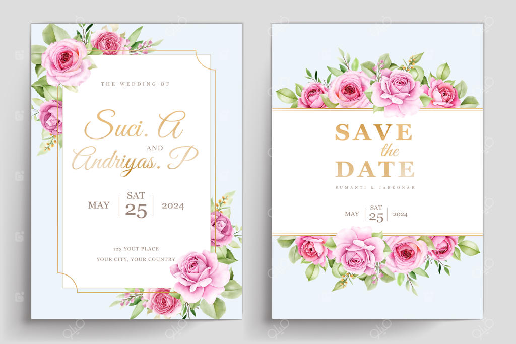 کارت آبرنگی گل‌های رز با تم صورتی و سبز