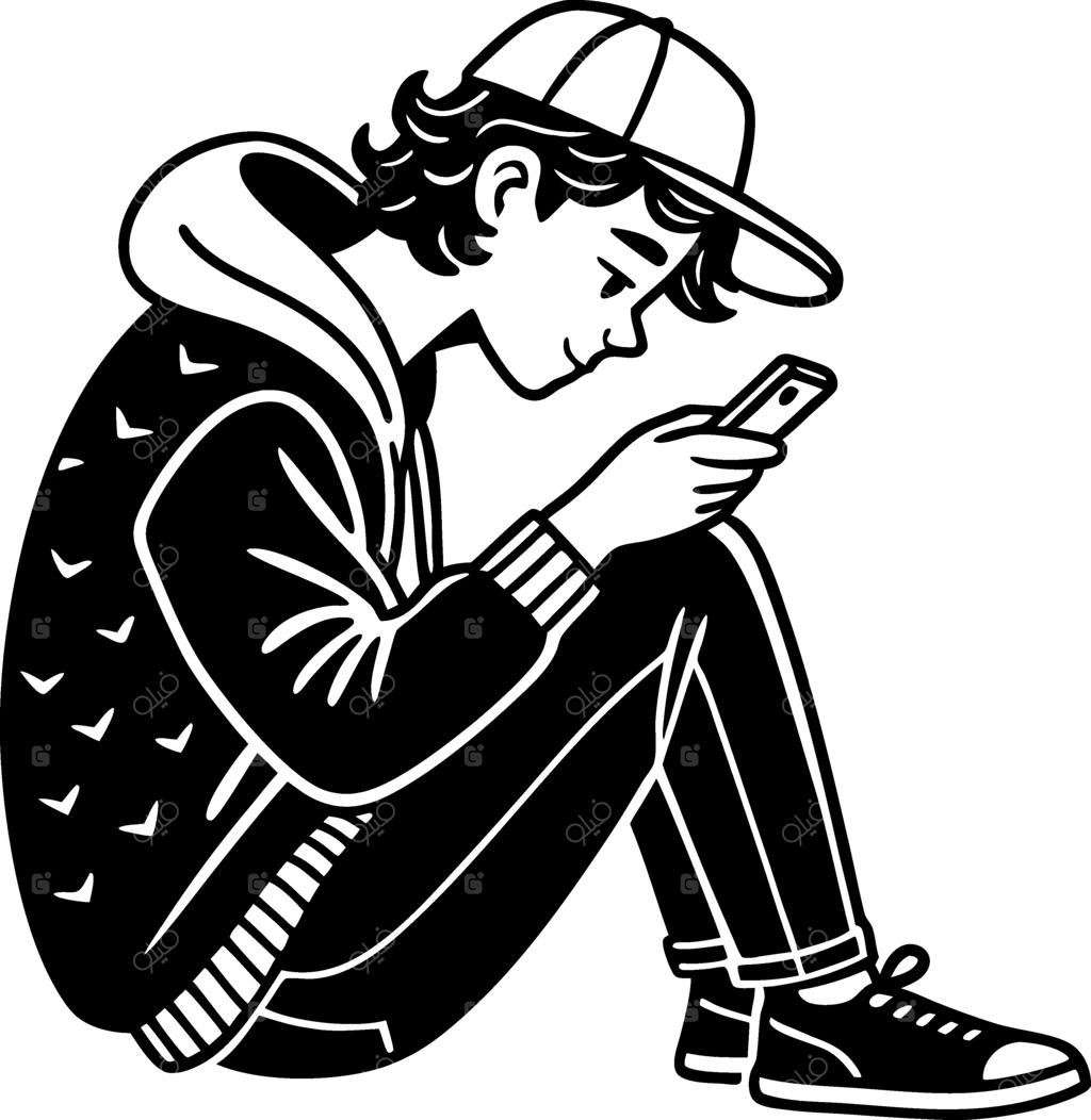 تصویرسازی پسر نوجوان نشسته با لباس راحت در حال پیام دادن با گوشی