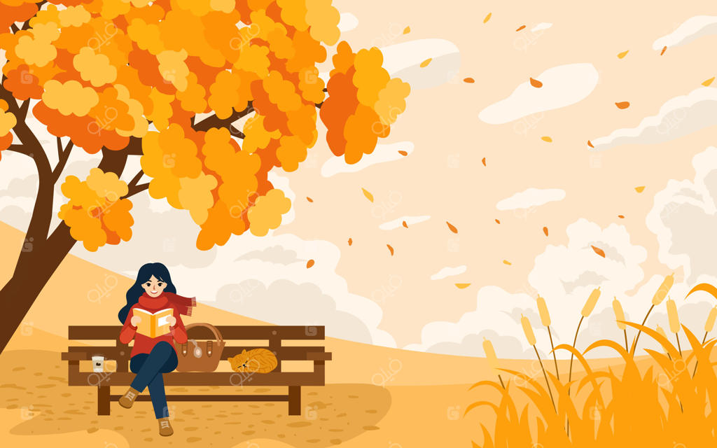 تصویری دلنشین از زنی که در روزی آرام پاییزی در پارک لذت می‌برد. روی نیمکتی زیر درخت زیبای خزان با کتاب و فنجان قهوه در حال استراحت است.